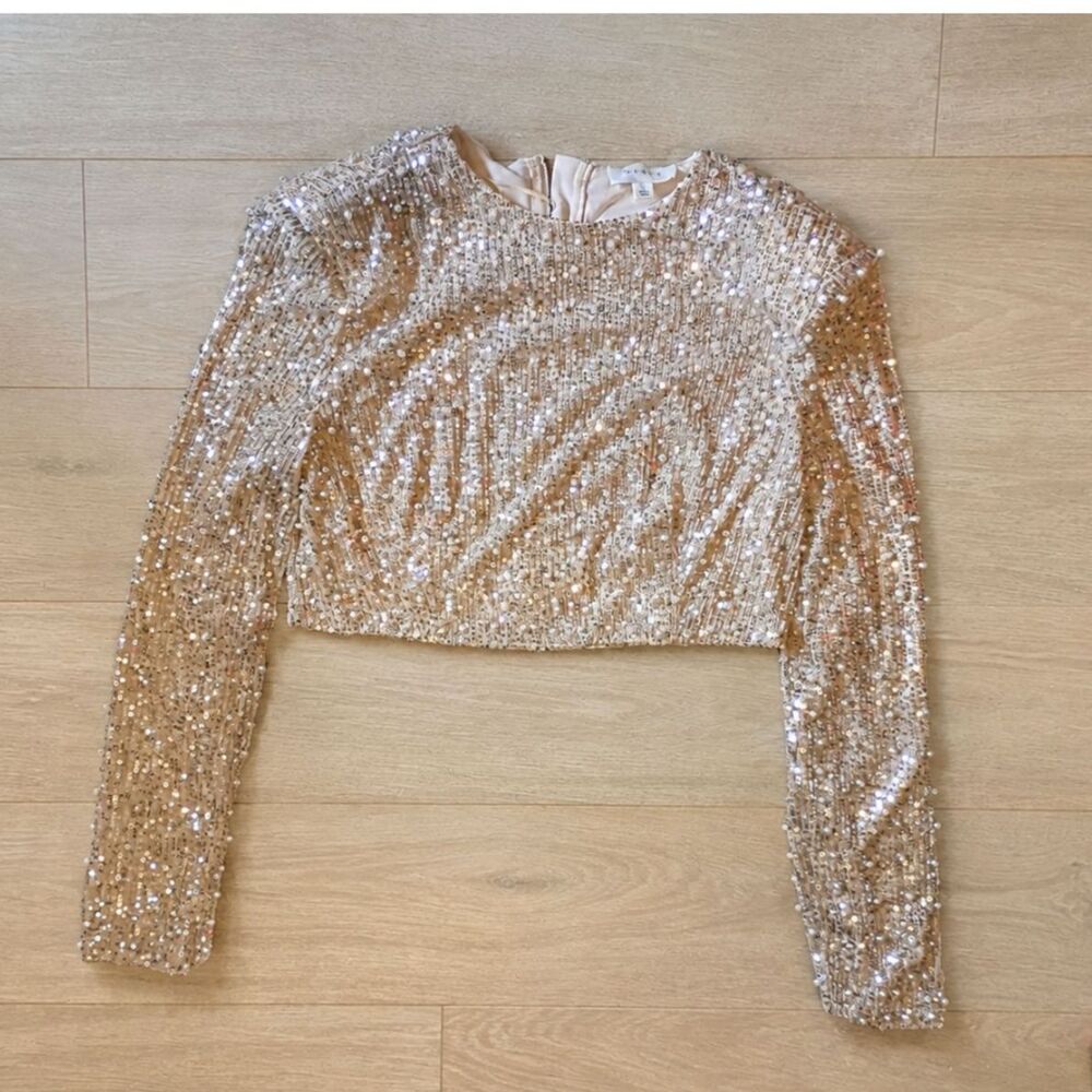 MABLE Sequin Pearl Embellished Crop Top Champagne Gold Long Sleeve L